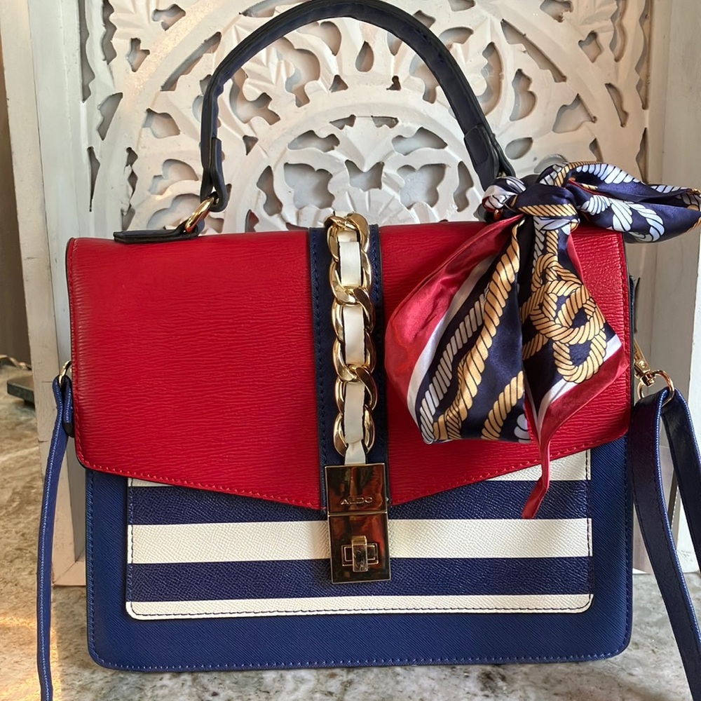 Aldo Red, Navy & White Striped Satchel with Gold Chain Accent